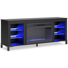 Black TV stand with included fireplace and LED shelves, product view 5 - 5