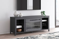 Black TV stand with included fireplace and LED shelves, product view 6 - 6