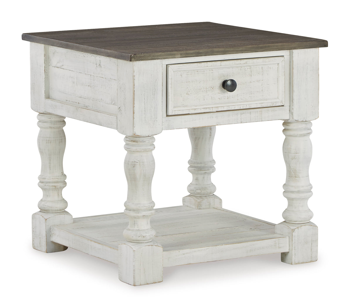 White/Gray square end table with drawer and shelf, full product view