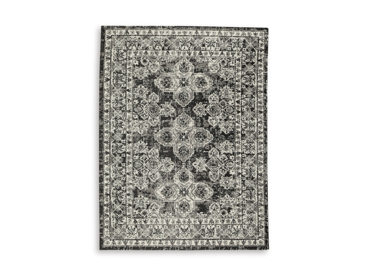 Black/Gray/Ivory 94.75" x 119.5", complete rug design; representative size