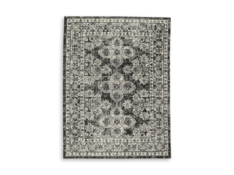 Black Gray and Ivory Botanical Medallion Woven Rug