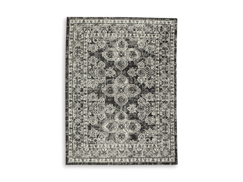 Black/Gray/Ivory 94.75" x 119.5", complete rug design; representative size
