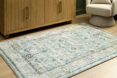 Teal/Beige/Ochre 59.75" x 82.5", room view; furniture excluded - 6