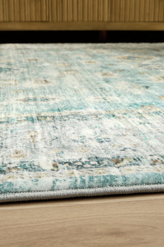 Teal/Beige/Ochre 59.75" x 82.5", pile and edge detail - 7