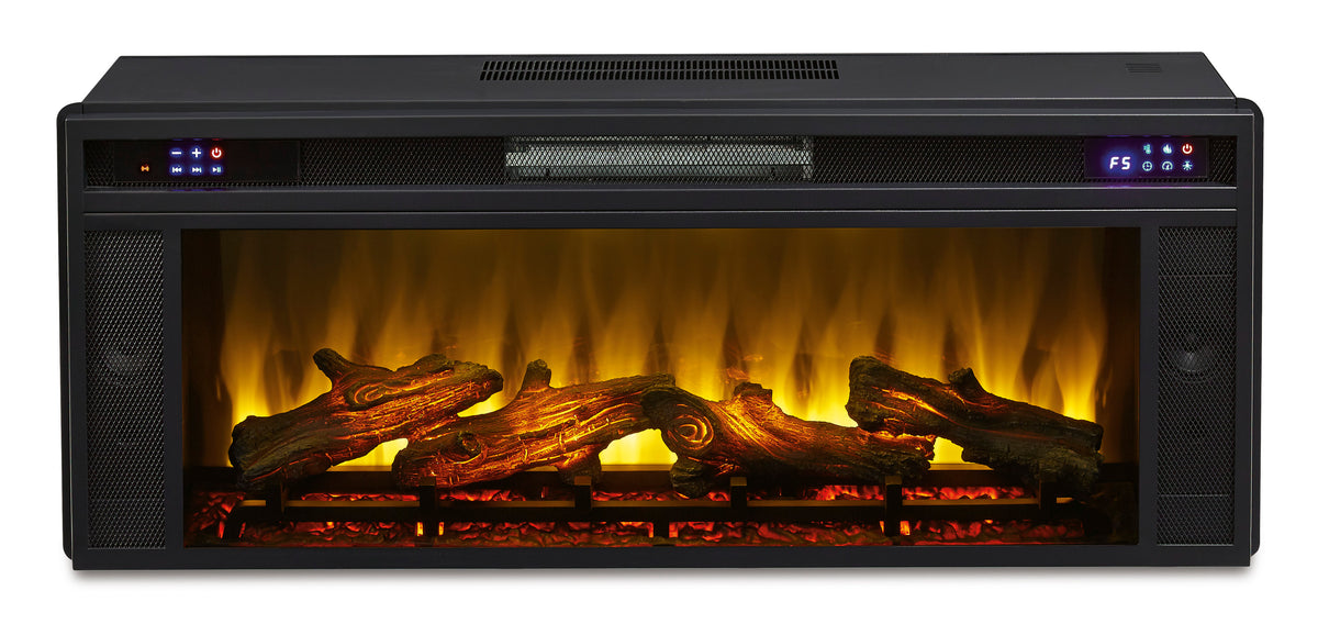 Black, complete illuminated fireplace insert front product view