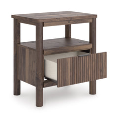 Brown, nightstand with drawer open - 2