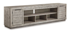 Gray wide TV stand with side storage cabinets, full product view - 1