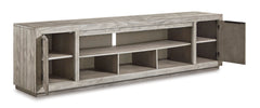Gray wide TV stand with side storage cabinets, product view 2 - 2