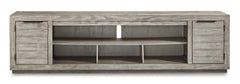 Gray wide TV stand with side storage cabinets, product view 3 - 3
