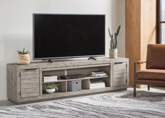 Gray wide TV stand with side storage cabinets, product view 5 - 5