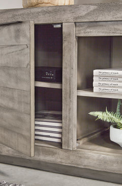 Gray wide TV stand with side storage cabinets, product view 6 - 6