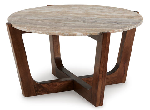 Warm Brown Round Marble Coffee Table with Angled Legs