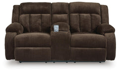 Chocolate, complete power reclining loveseat, front view - 1
