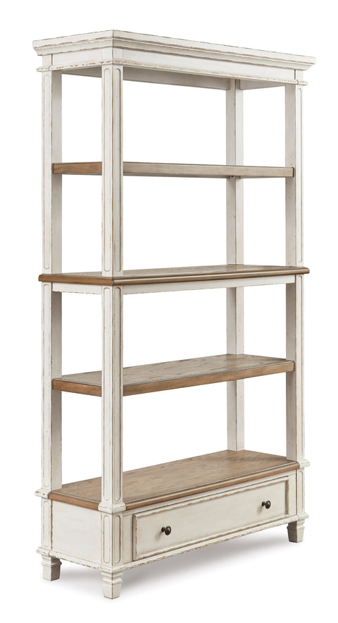 Distressed White and Brown Bookcase with Dovetail Storage Drawer