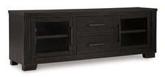 Black TV stand with glass doors and drawers, full product view - 1