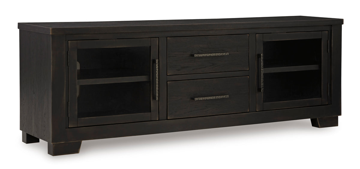 Black TV stand with glass doors and drawers, full product view
