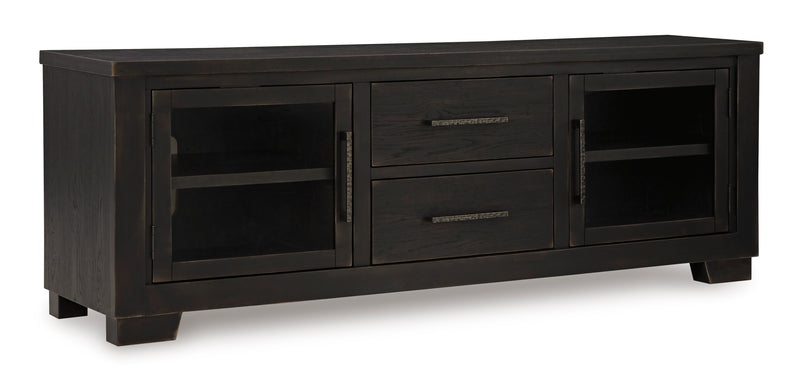 Black Oak-Veneer TV Stand with Glass Doors and Two Drawers