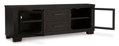 Black TV stand with glass doors and drawers, product view 2 - 2
