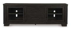Black TV stand with glass doors and drawers, product view 3 - 3