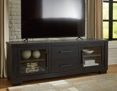 Black TV stand with glass doors and drawers, product view 5 - 5