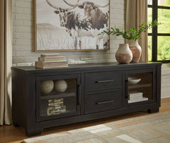 Black TV stand with glass doors and drawers, product view 6 - 6