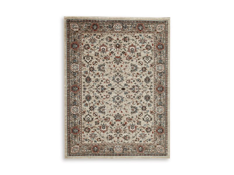 Blue, Brown and Beige Traditional Floral Border Rug