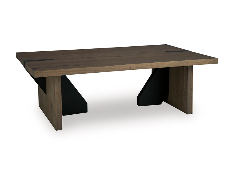 54-Inch Brown Coffee Table with Blackened Metal-Tone Accents