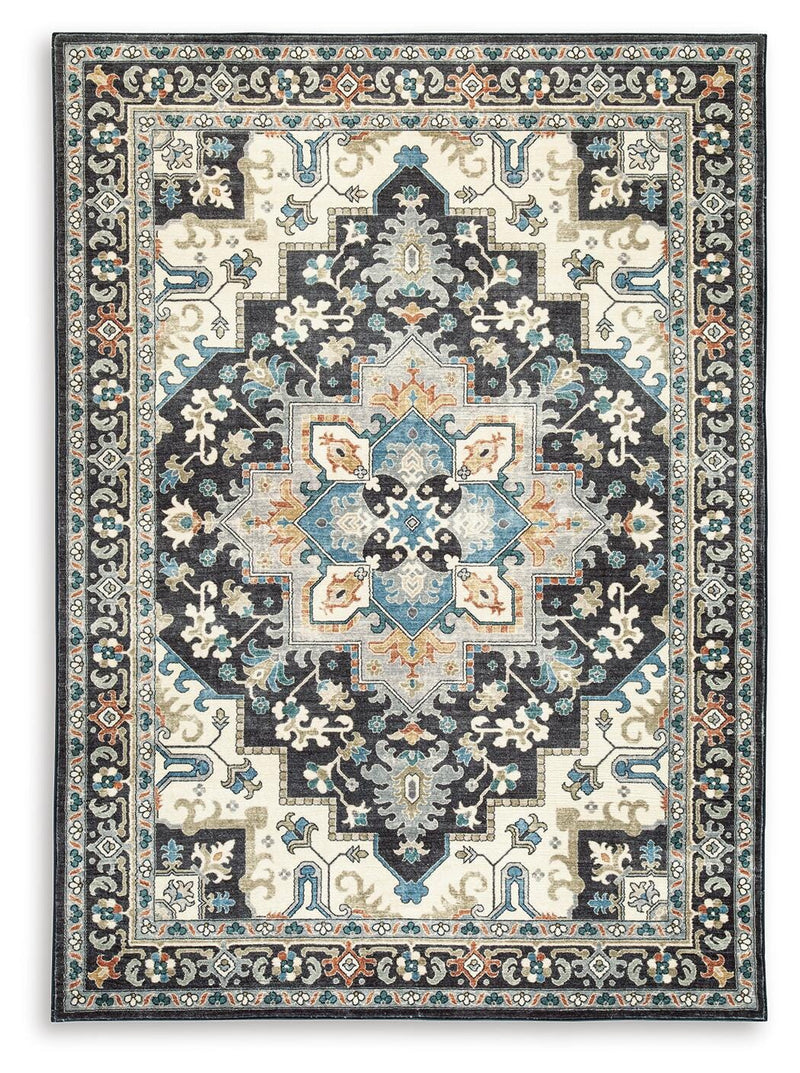 Black Cream and Blue Medallion Machine Washable Rug