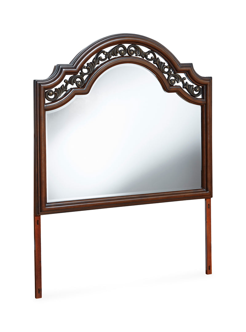 Brown Arched Bedroom Mirror with Ornate Scrollwork