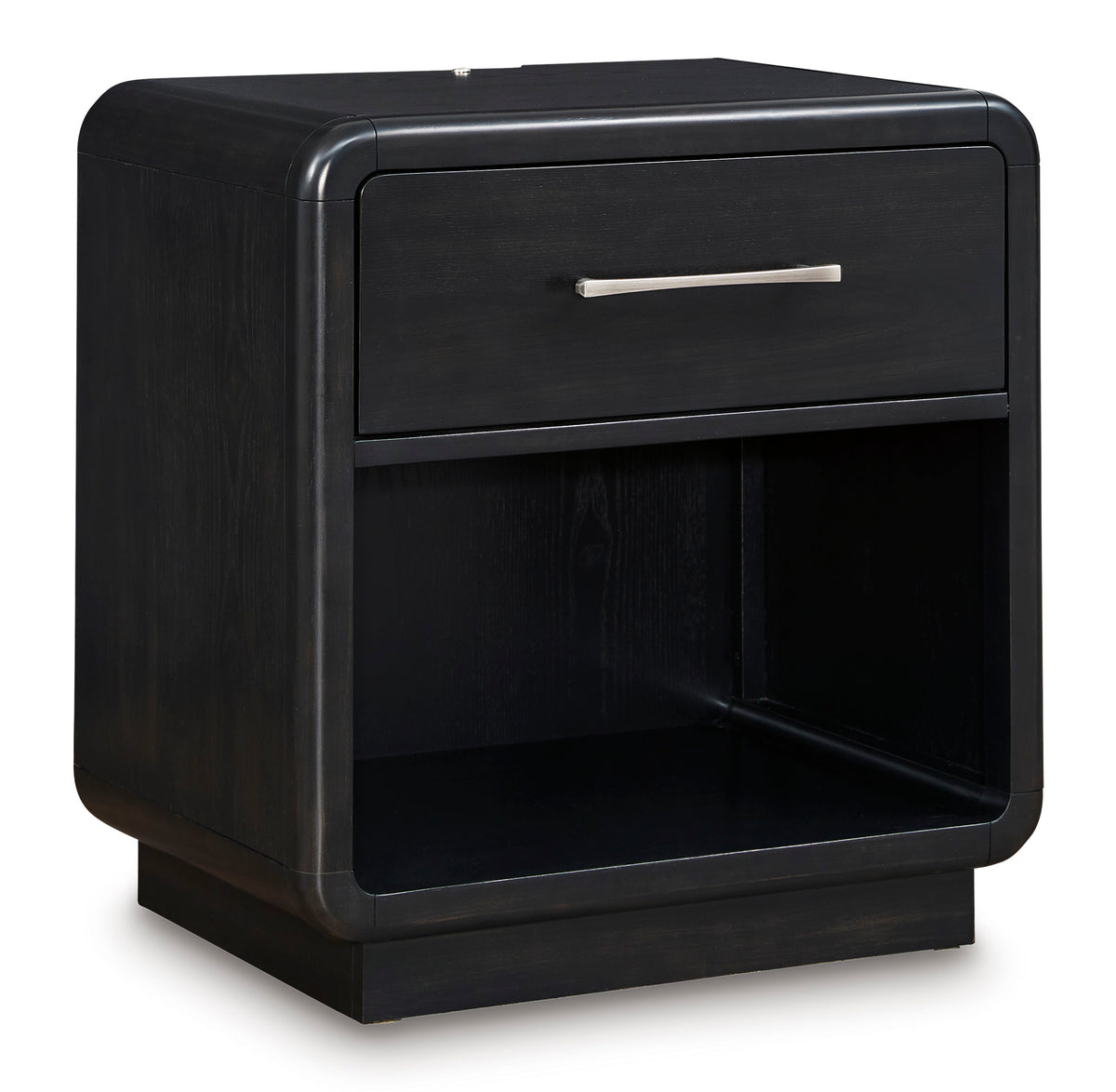 Black, complete one-drawer nightstand with cubby, angled view