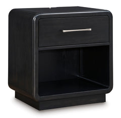 Black, complete one-drawer nightstand with cubby, angled view - 1
