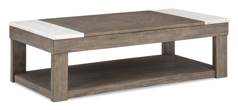 Gray-Brown Lift-Top Coffee Table with White Marble Accents and Casters