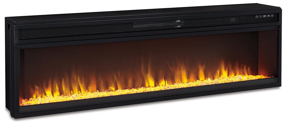 Black, complete electric fireplace insert angled view