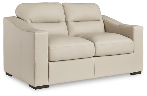 Leather-Match Loveseat with Feather-Fiber Cushions in Almond