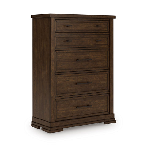 Rich Brown Wide Five-Drawer Chest with Framed Fronts