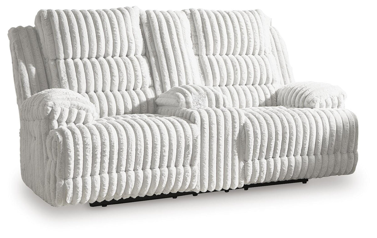 Alloy, complete power reclining loveseat, closed angled view