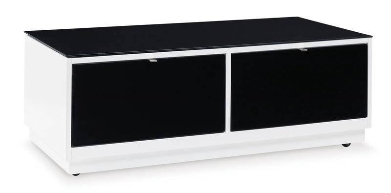 High-Gloss White Coffee Table with Black Glass Top and Two Drawers