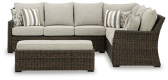 Brown, front view of sectional and bench - 3
