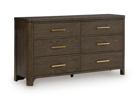 Burnished Brown Six-Drawer Dresser with Oak Veneer