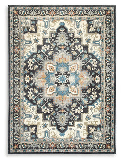 Black/Cream/Blue 60.5" x 85", complete rug design; representative size - 5