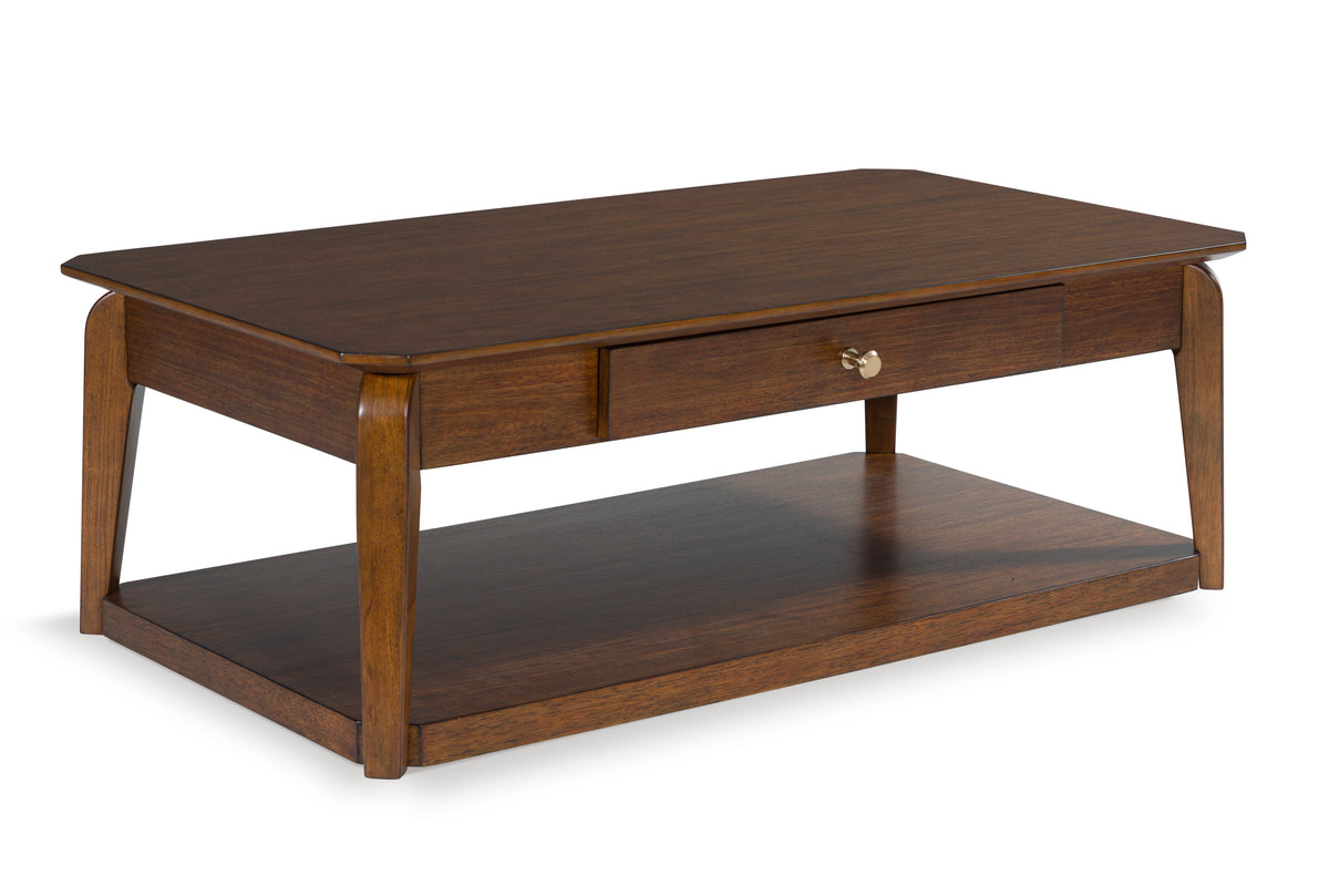 Medium Brown rectangular coffee table with drawer and shelf, full product view
