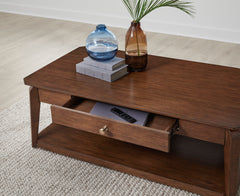 Medium Brown rectangular coffee table with drawer and shelf, product view 6 - 6