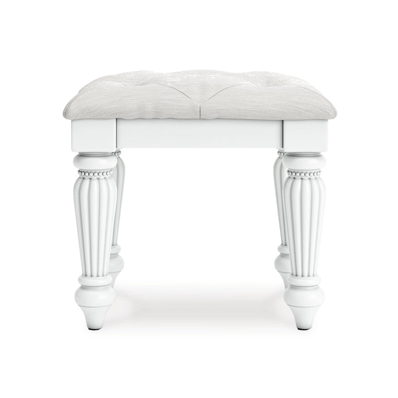 White Button-Tufted Vanity Stool with Turned Wood Legs
