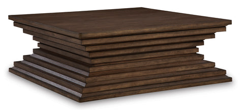 Warm Brown Square Coffee Table with Layered Geometric Base and Casters