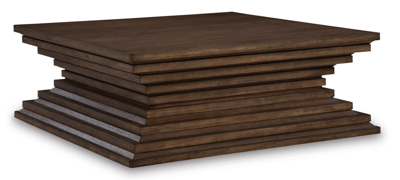 Warm Brown Square Coffee Table with Layered Geometric Base and Casters