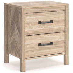 Tan, complete two-drawer nightstand, angled view - 1