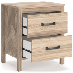 Tan, nightstand with drawers open - 2