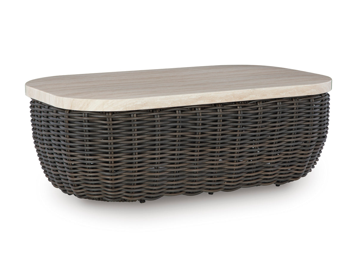 Beige/Dark Brown outdoor coffee table, full product view