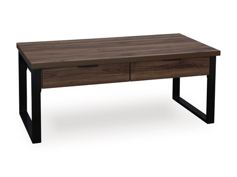 Dark Brown Two-Drawer Coffee Table with Gunmetal Frame
