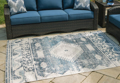 Blue/Gray/Ivory 8' x 10', rug in an outdoor setting - 6